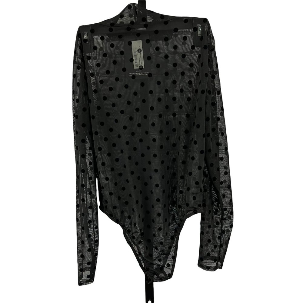 Pretty Little Things Black Flocked Mesh Polka Dot Bodysuit 14 NWT
